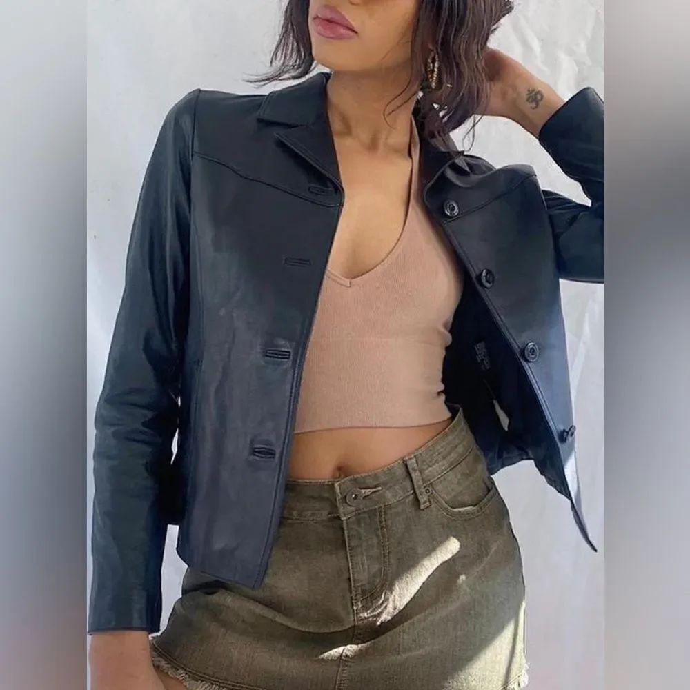 90s Vintage Rue 21 genuine leather black blazer jacket medium